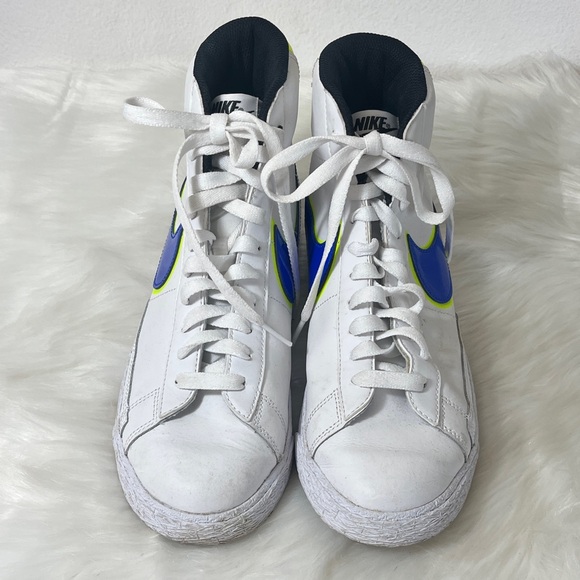 Nike White High Top Basketball Sneakers with Blue and Yellow Accents - Picture 2 of 9